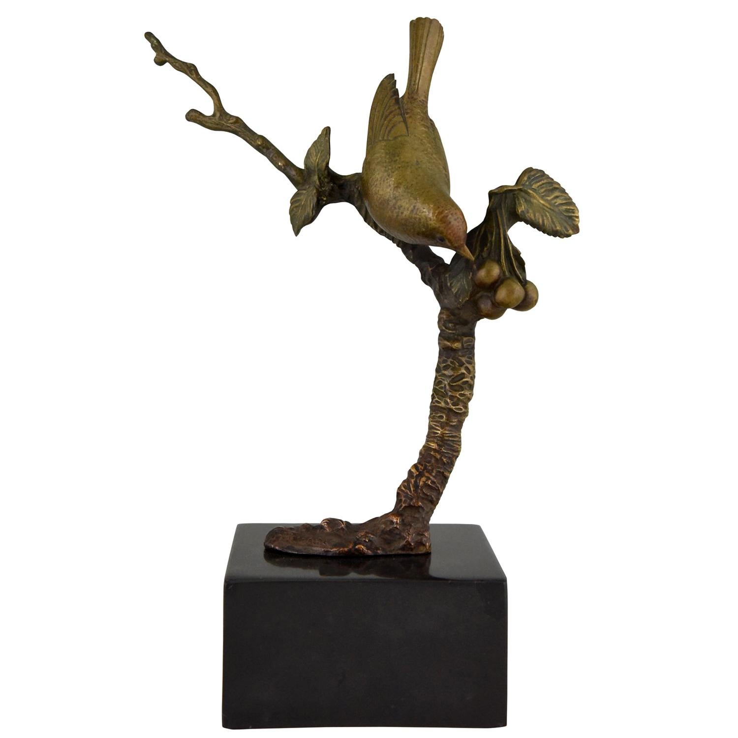 Art Deco Bronze Sculpture Bird on a Branch with Berries I . Rochard 1930 France