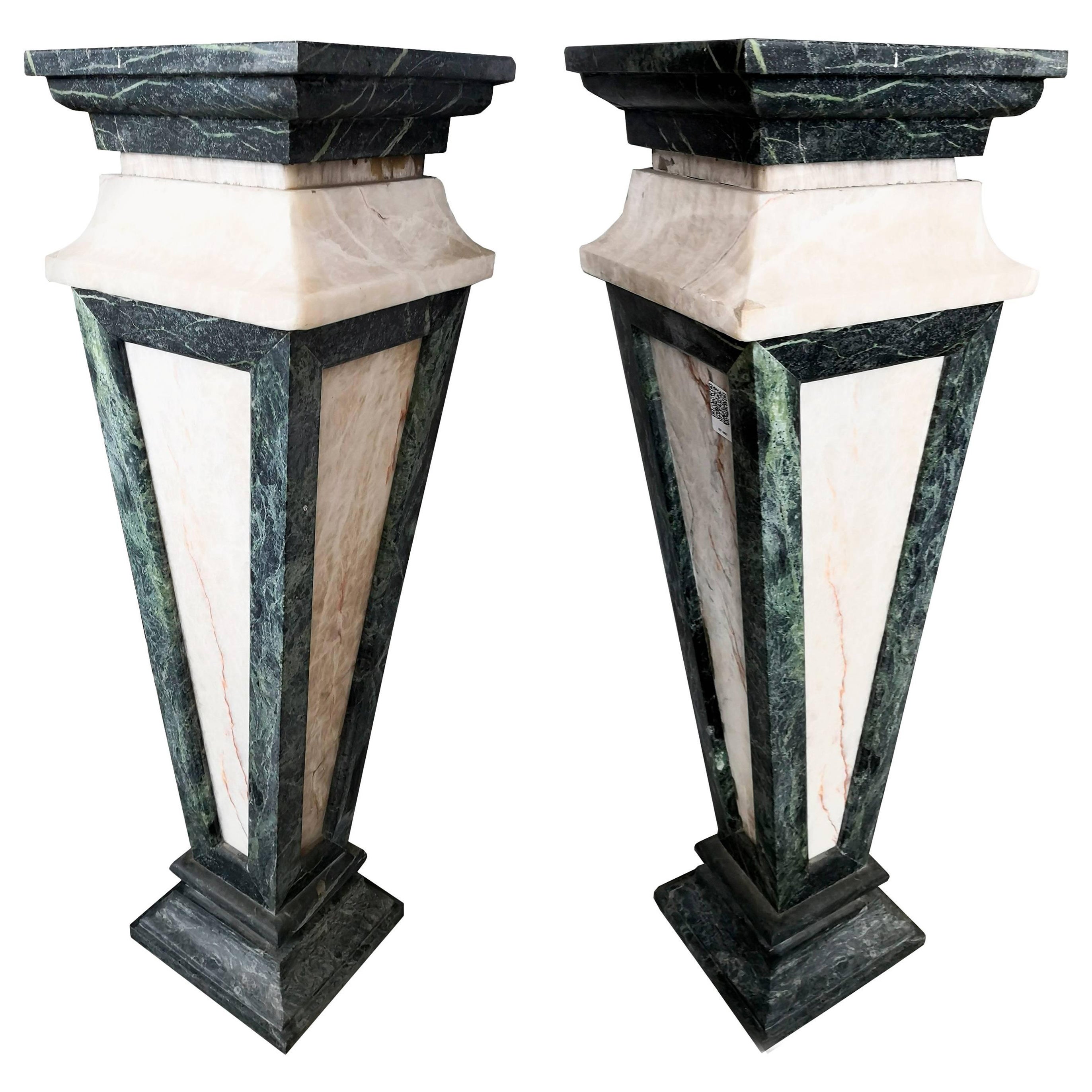 Italian Pair of Tall Serpentine Marble and Honey Onyx Pedestals For Sale
