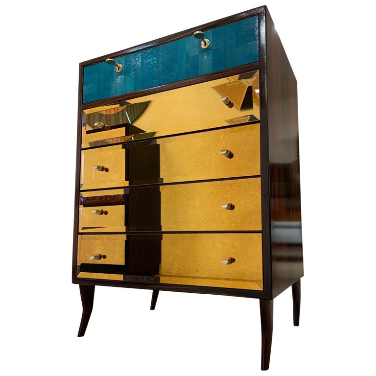Unique Italian Midcentury Reen, Gold Mirrored Dresser