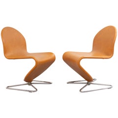 Pair of Fritz Hansen "Panton System 123" Chairs in Original Leather