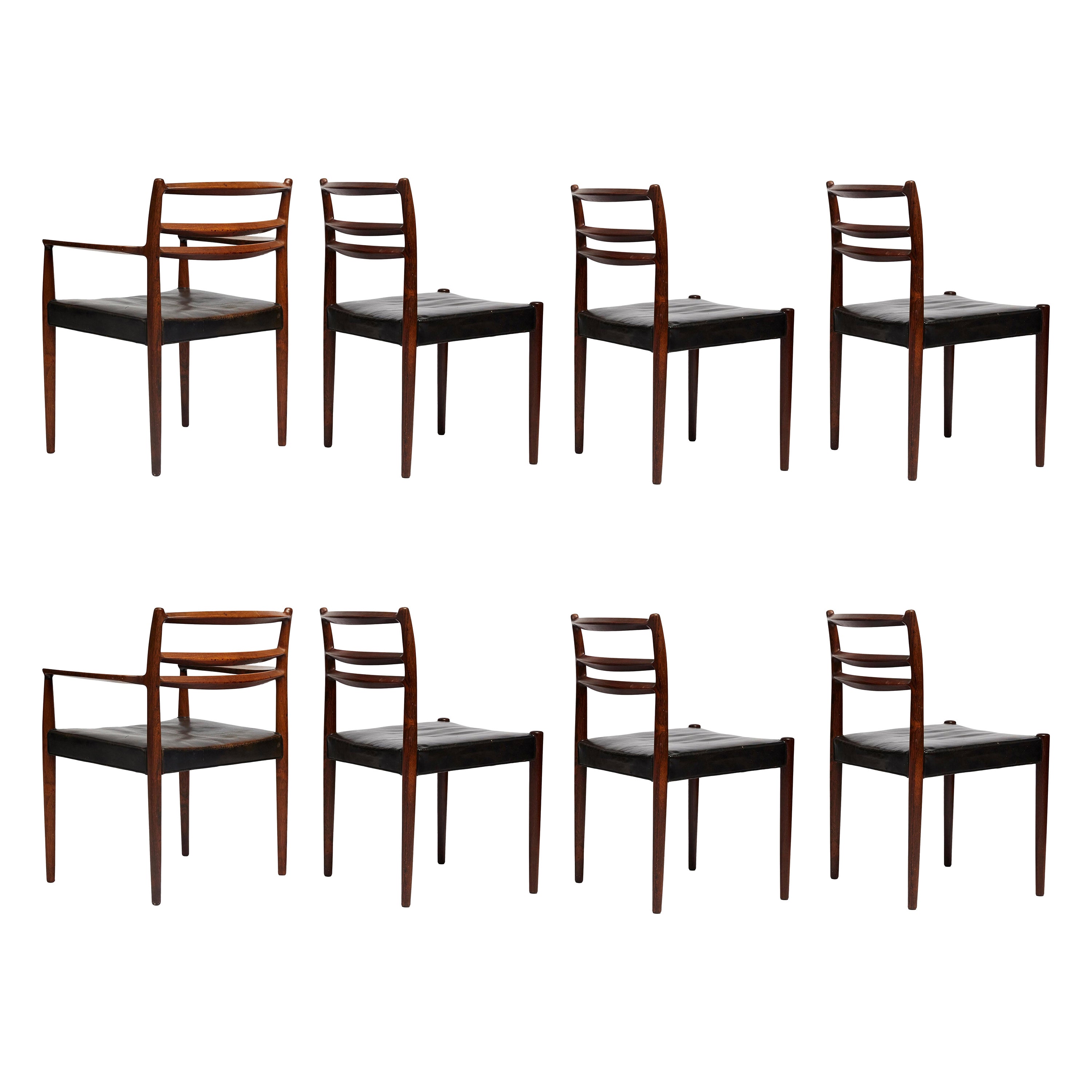 Set of 8 1960s Original Black Leather Danish Chairs with Solid Rosewood Frame