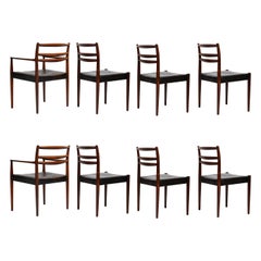 Vintage Set of 8 1960s Original Black Leather Danish Chairs with Solid Rosewood Frame