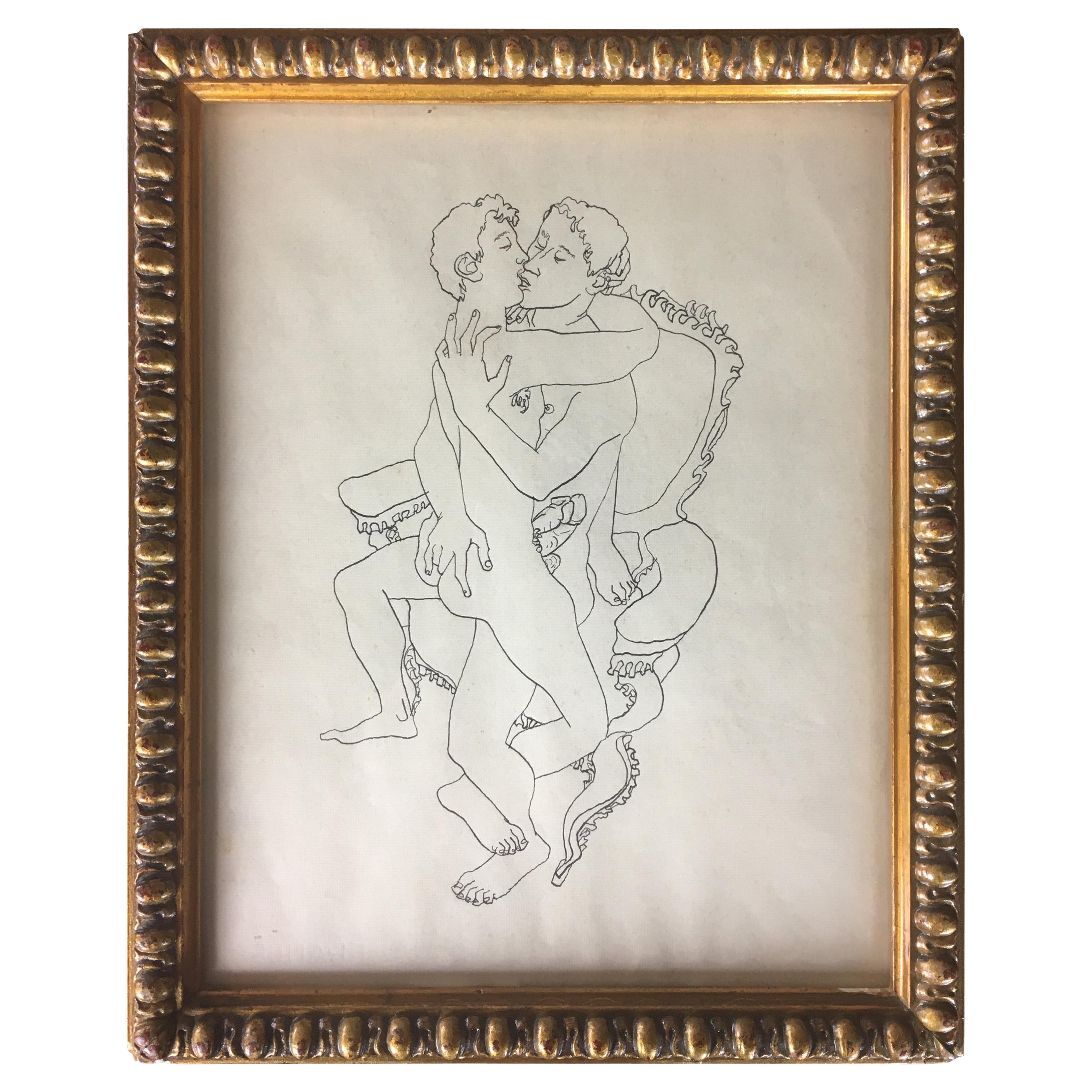 Erotic Art Ink Drawing Attributed to Jean Boullet