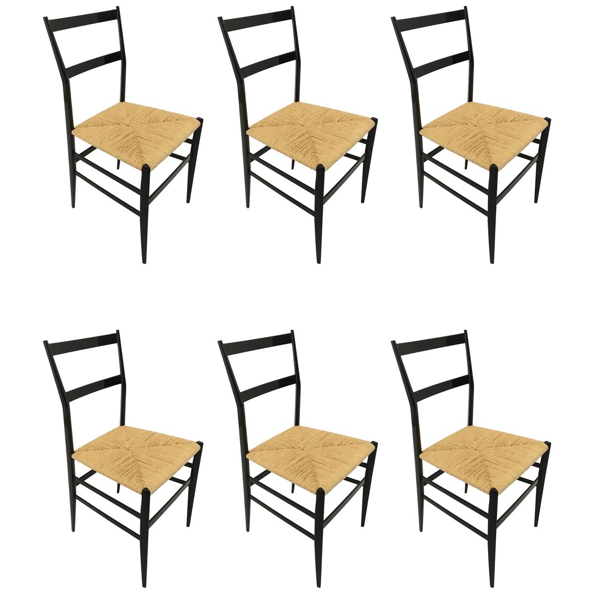 Gio Ponti Vintage Superleggera Set of Six Dining Chairs Cassina, Italy, 1958 For Sale