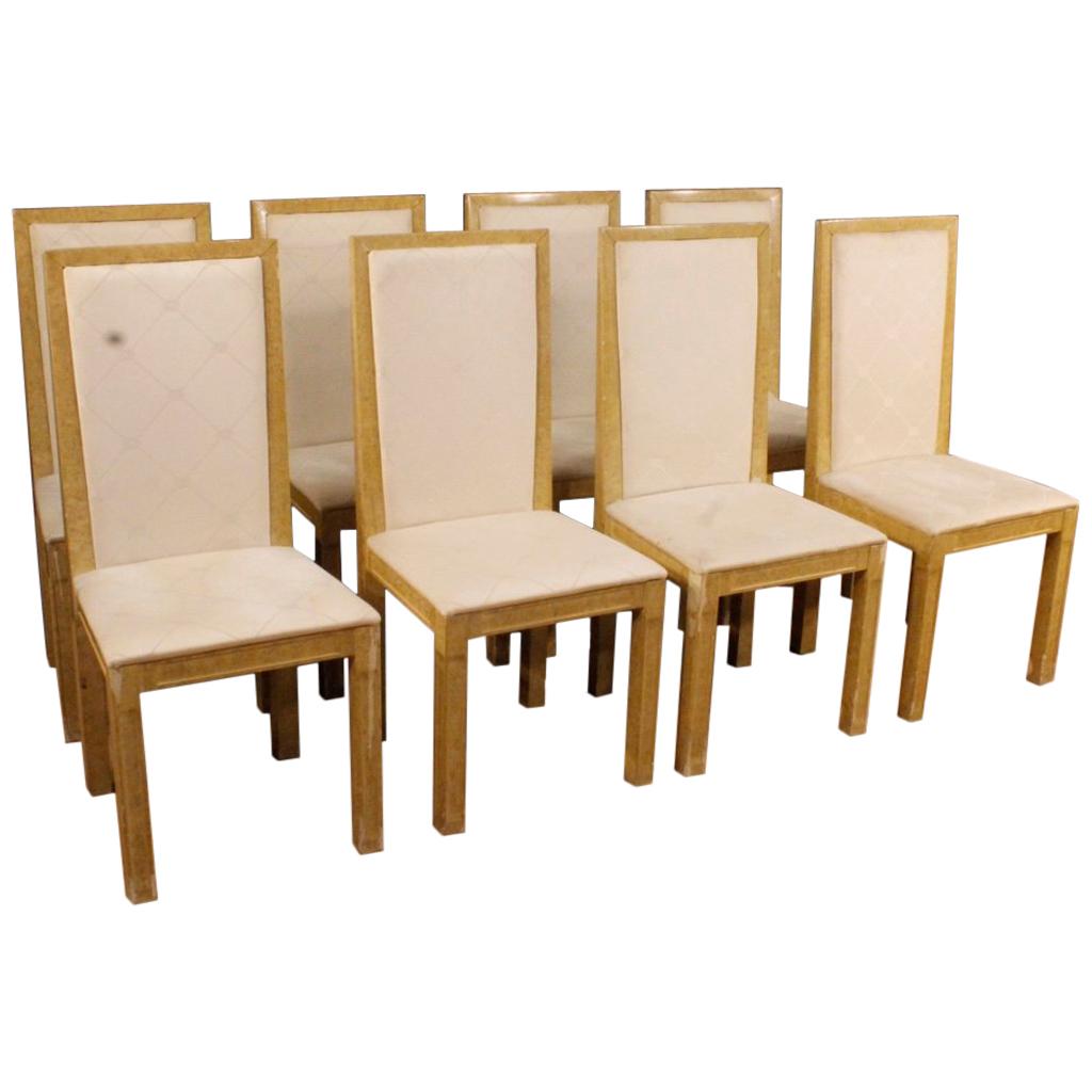 20th Century Lacquered Painted Wood White Fabric Italian 8 Chairs, 1970 For Sale