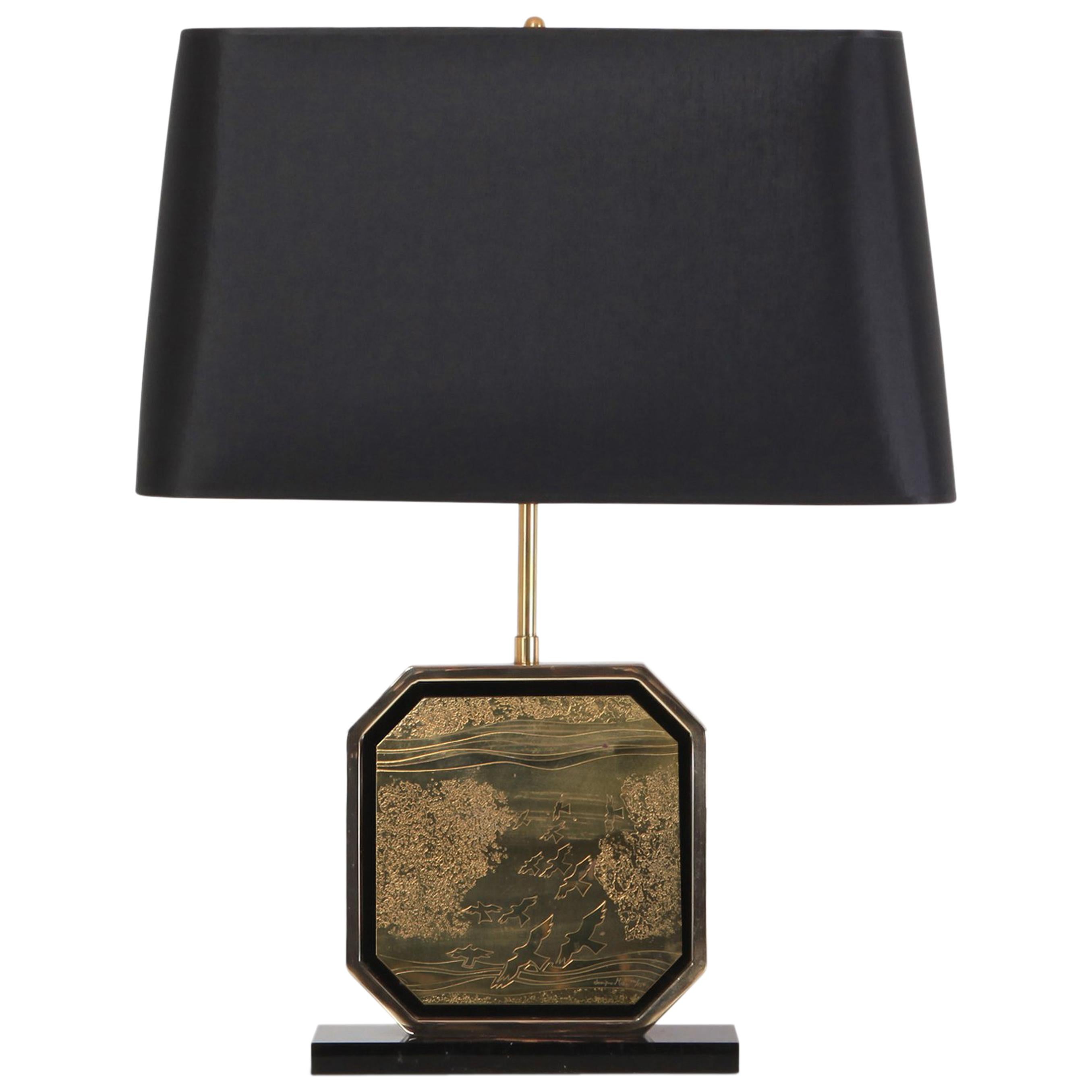 Hollywood Regency Table Lamp in 24-Karat Gold and Brass Etched Artwork by Maho