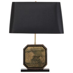 Lampe de bureau Hollywood Regency en or 24 carats et laiton gravé, œuvre d'art par Maho