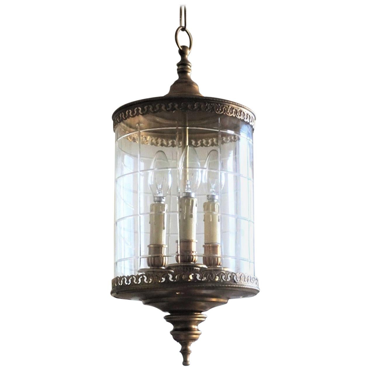 Art Deco Cut Glass Brass Cylindrical Three-Light Lantern