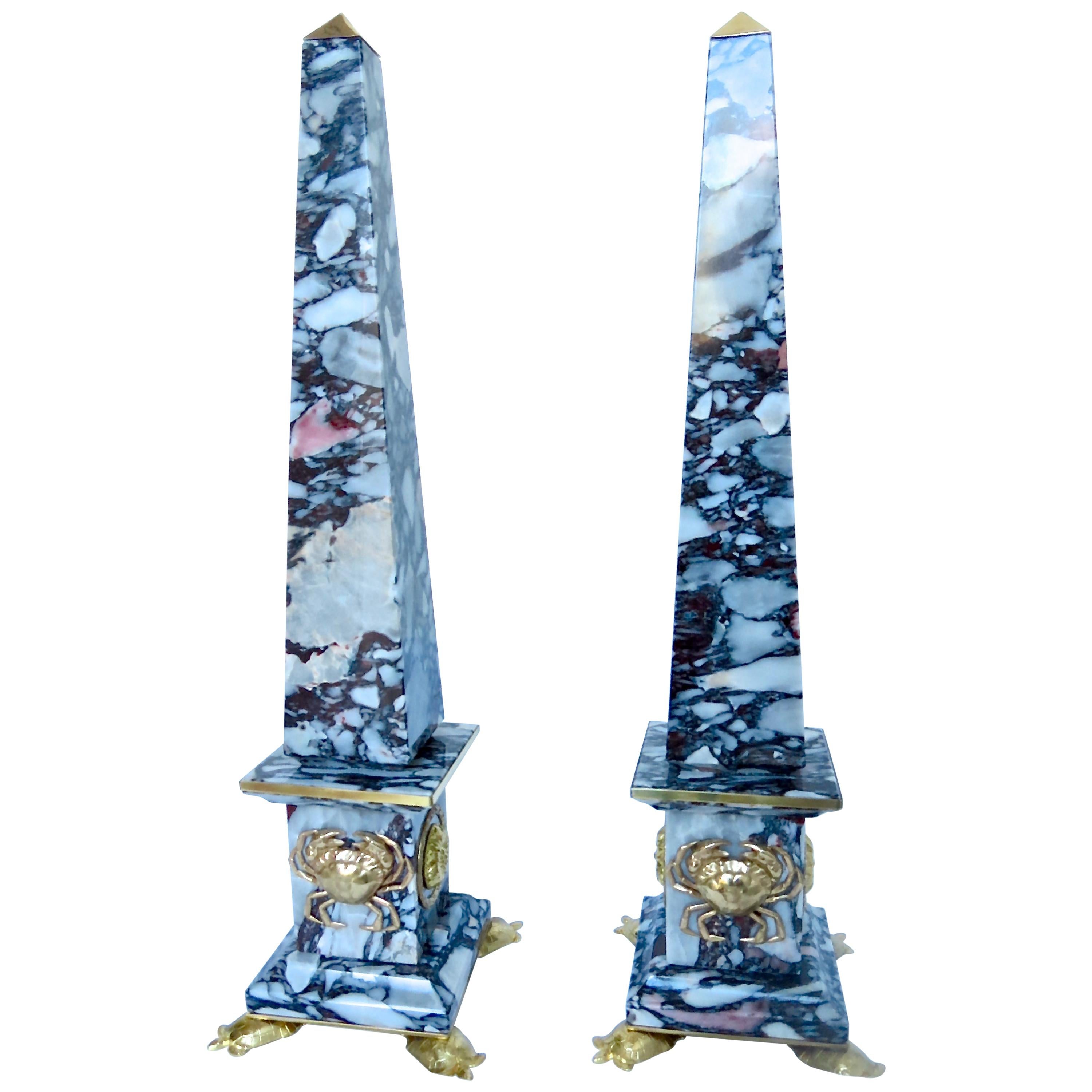 Pair of Breccia Medicea Marble and Bronze Obelisks, "Crabs", Limited Edition 2018