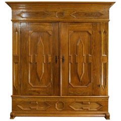 Antique German Solid Oak Wardrobe Cabinet in Honey Color