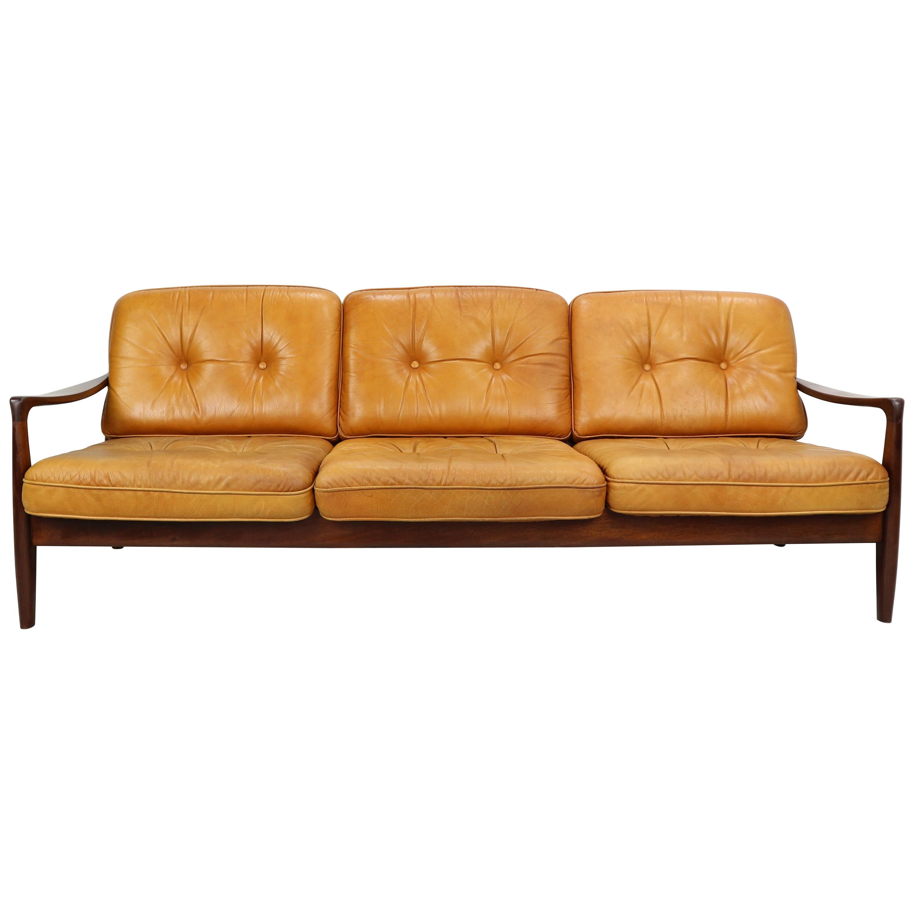 Vintage Cognac Leather Three-Seat Sofa, 1960s