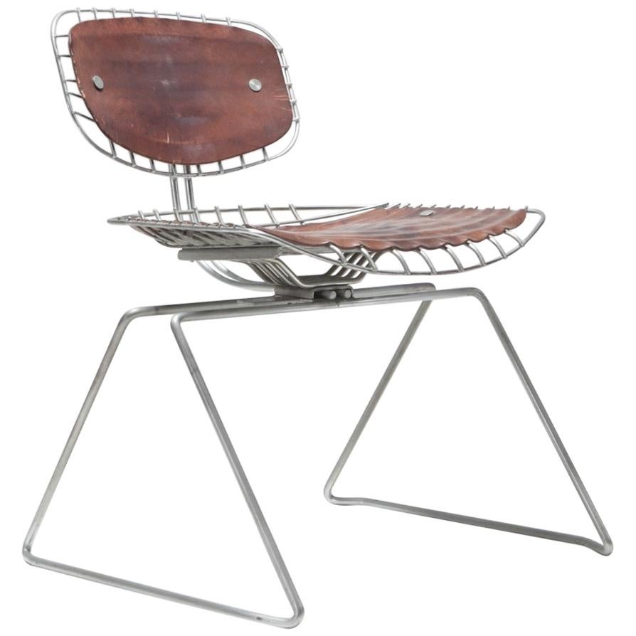 Michel Cadestin Beaubourg Chair in Galvanized Steel and Brown Leather