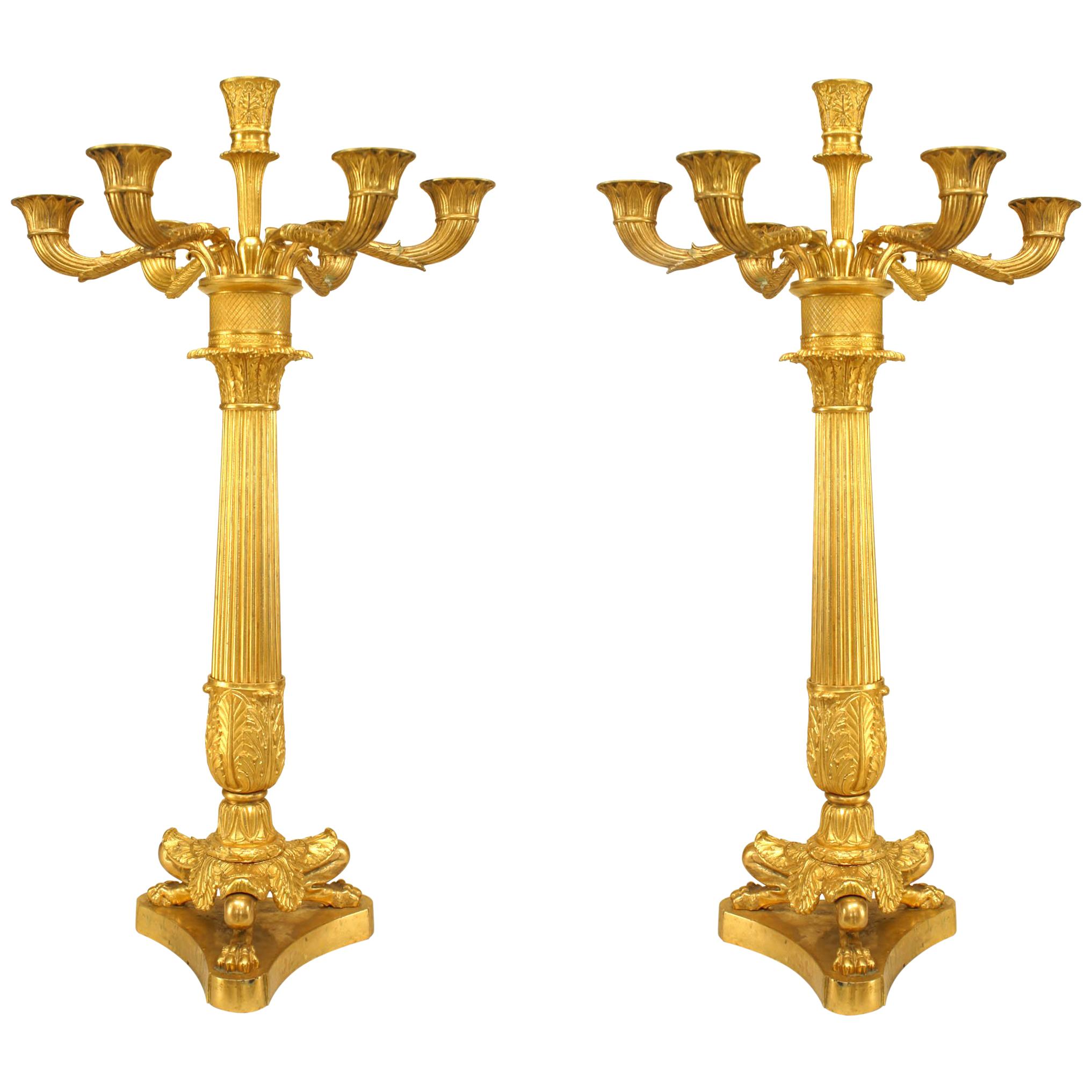 Pair of French Louis XVI Bronze Dore Column Candelabras For Sale