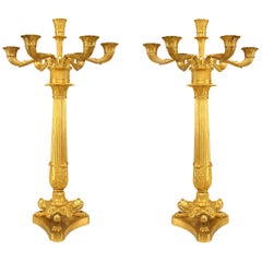 Antique Pair of French Louis XVI Bronze Dore Column Candelabras