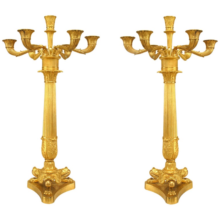 Pair of French Louis XVI Bronze Dore Column Candelabras For Sale