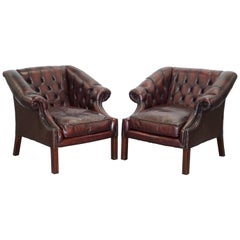 Pair of Chesterfield Lutyen's Style Viceroy's Oxblood Leather Armchairs Suite