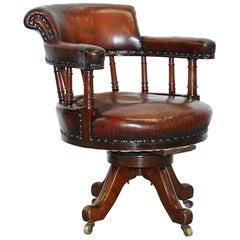 Restored Walnut Hand Dyed Cigar Brown Leather Victorian Captains Office Chair