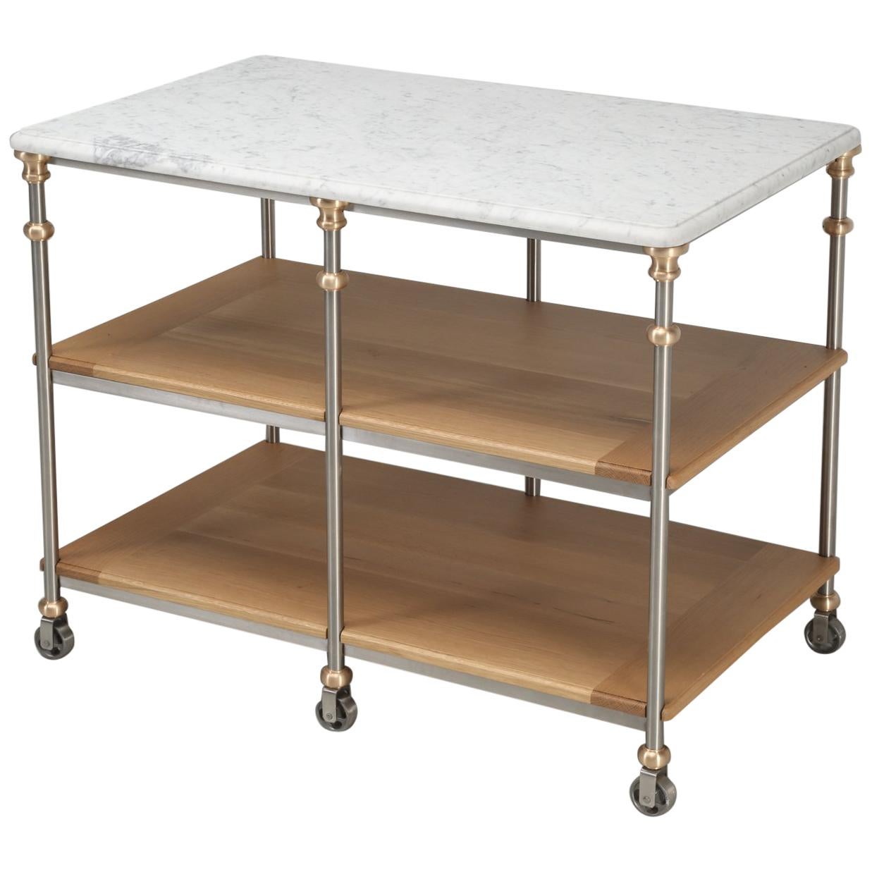 Old Plank's Stainless Steel and Bronze Kitchen Island with Carrera Marble For Sale