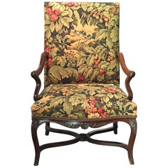 Antique 18th Century French Oak and Upholstered High Back Open Armchair