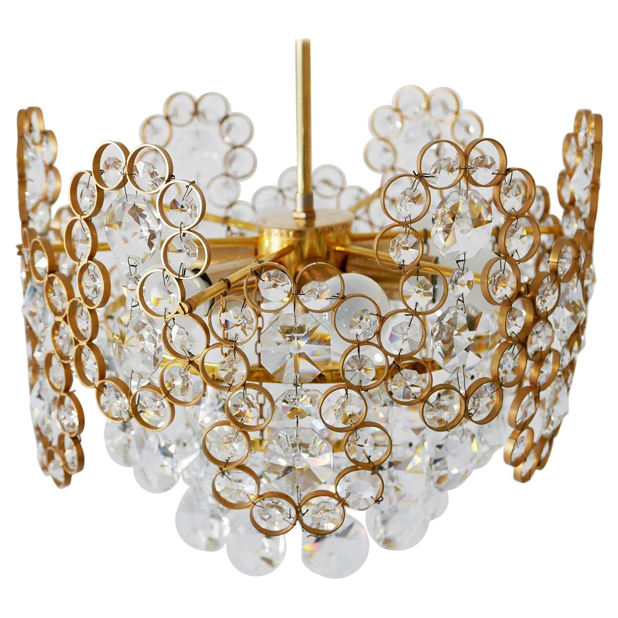 Gilt Brass Facet Cut Crystal Glass Chandelier by Palwa, 1970s, Germany