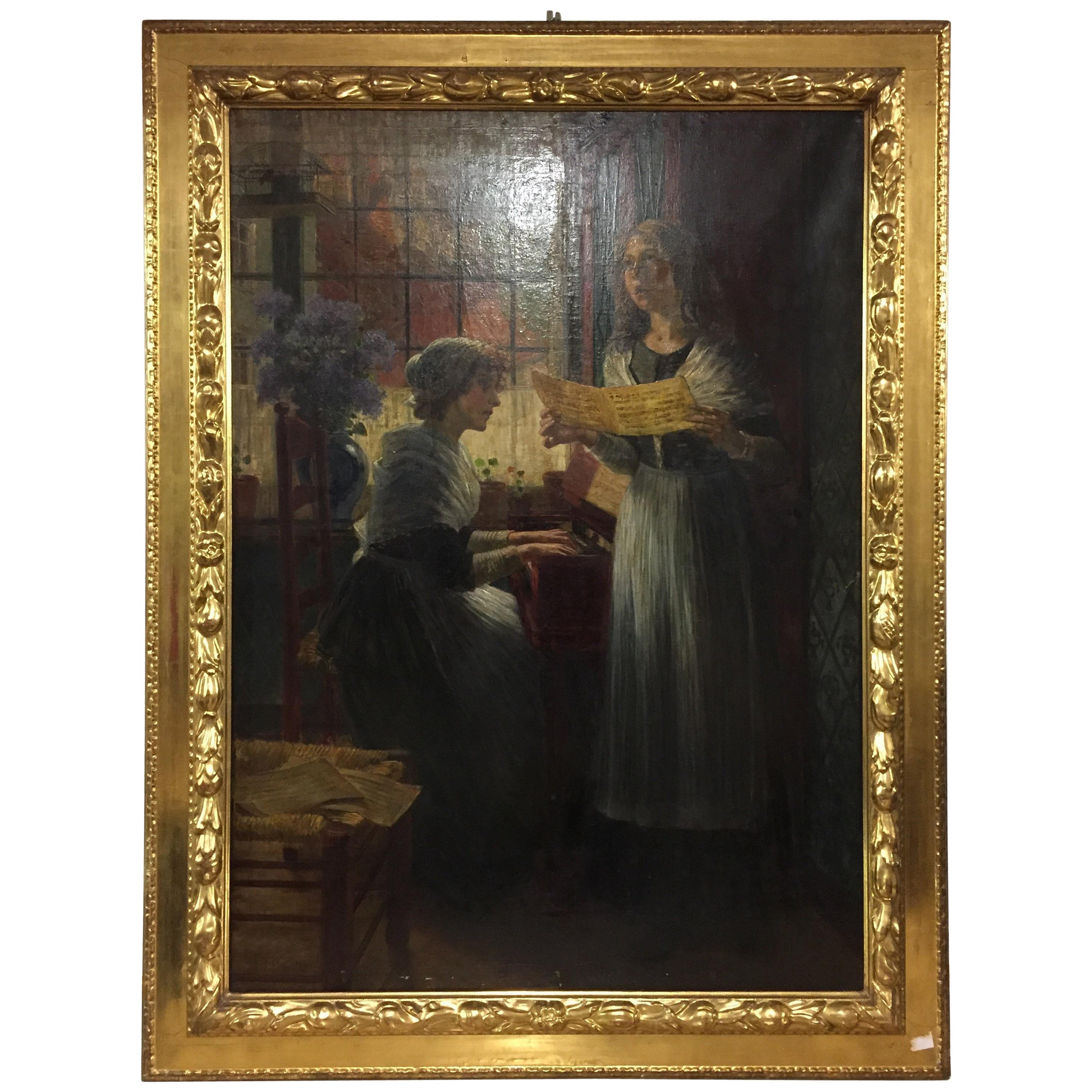 Famous Painter Walther Firle Oil on Canvas with Leaf Gold Frame
