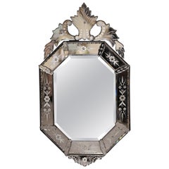 Early 20th Century Italian Octagonal Venetian Mirror with Painted Floral Etching