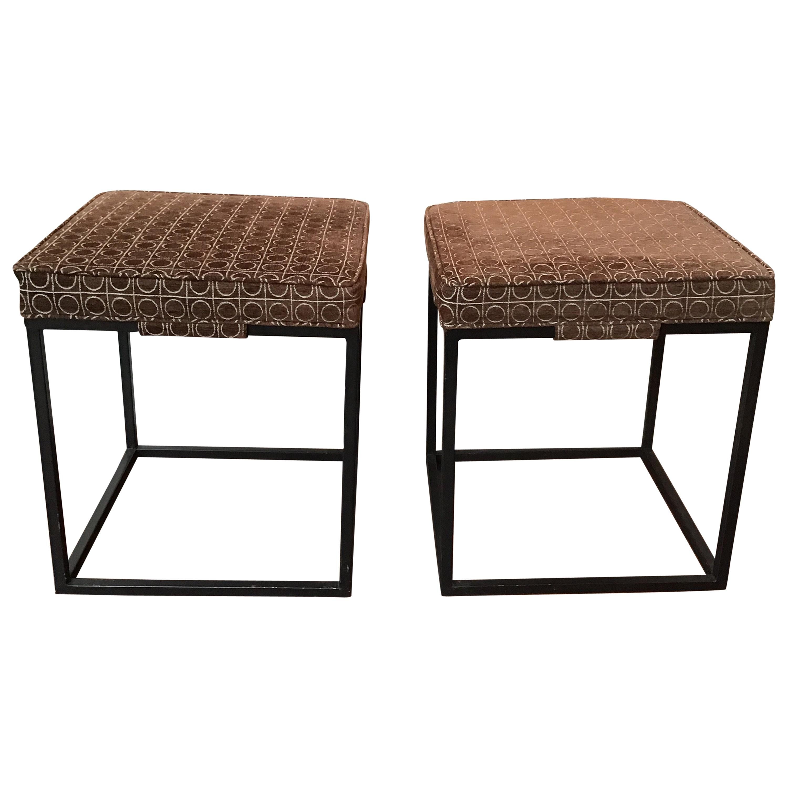 Pair of 1960s Brown Upholstered Iron Benches