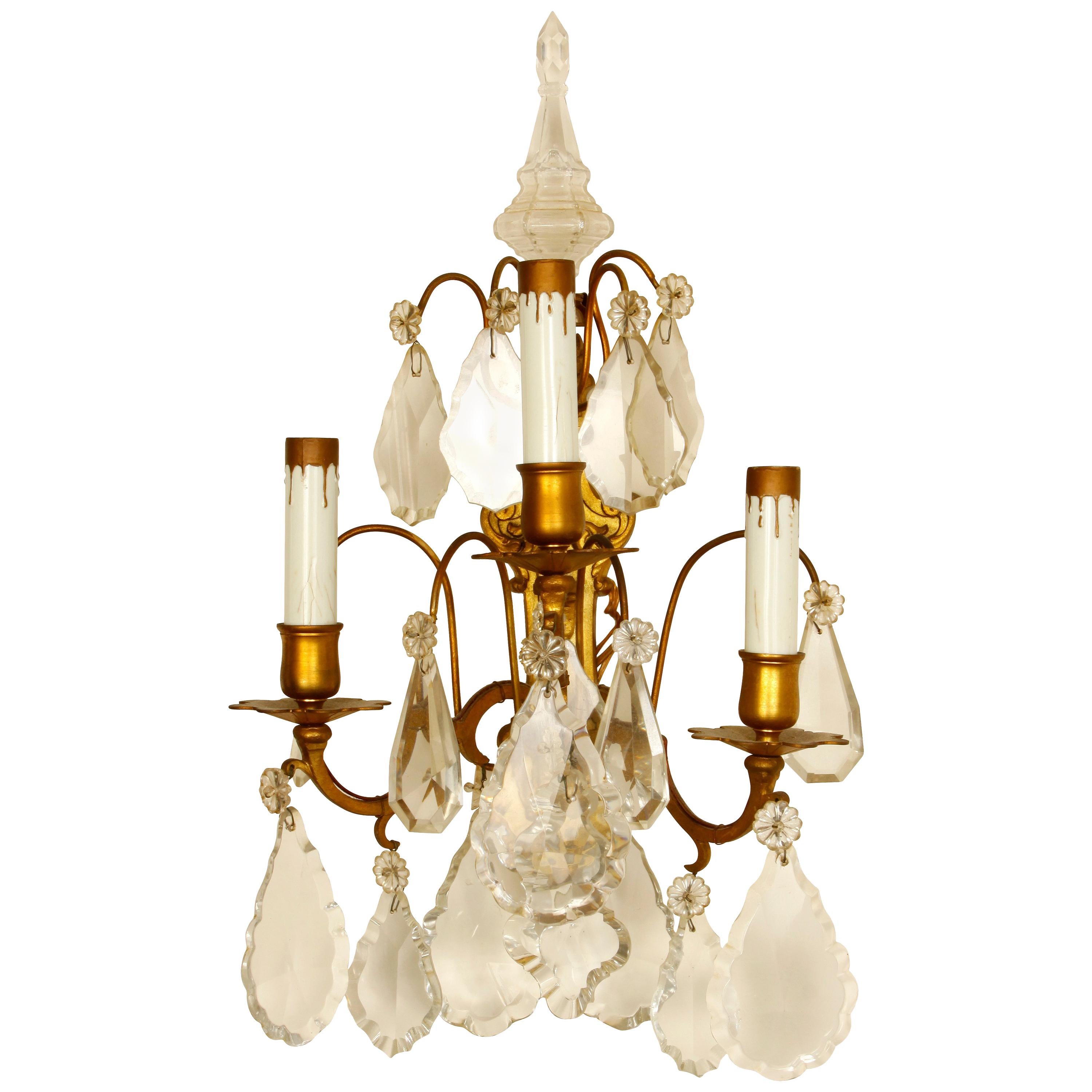 Pair of French 3-Light Bronze and Crystal Sconces