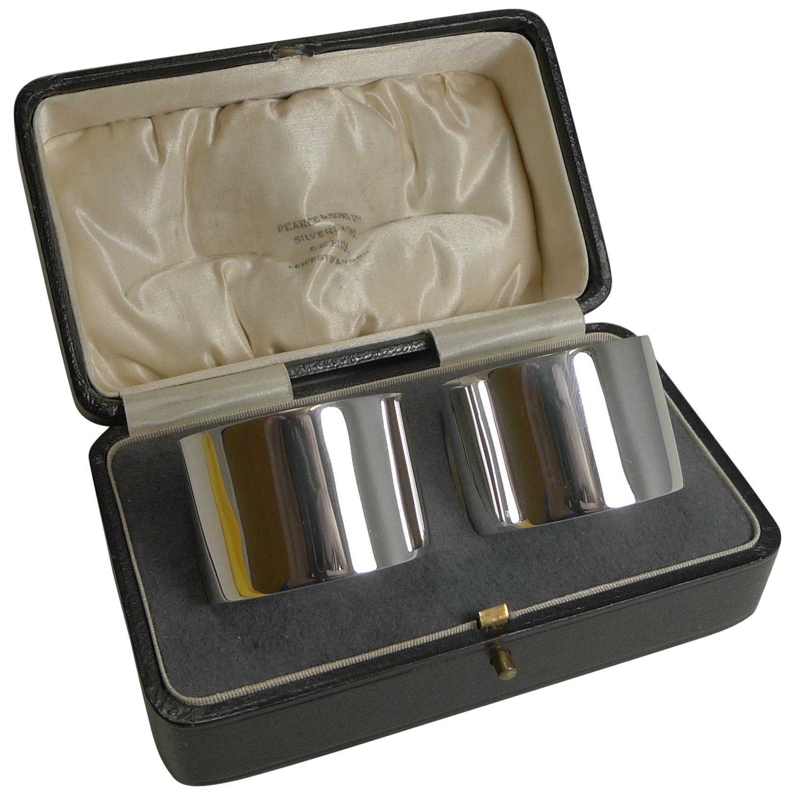 Pair of Boxed Vintage English Sterling Silver Napkin Rings Chester, 1924