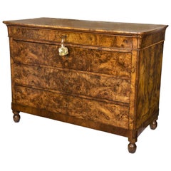 19th Century Flame Burl Walnut Chest of Drawers Italian Louis Philippe Commode