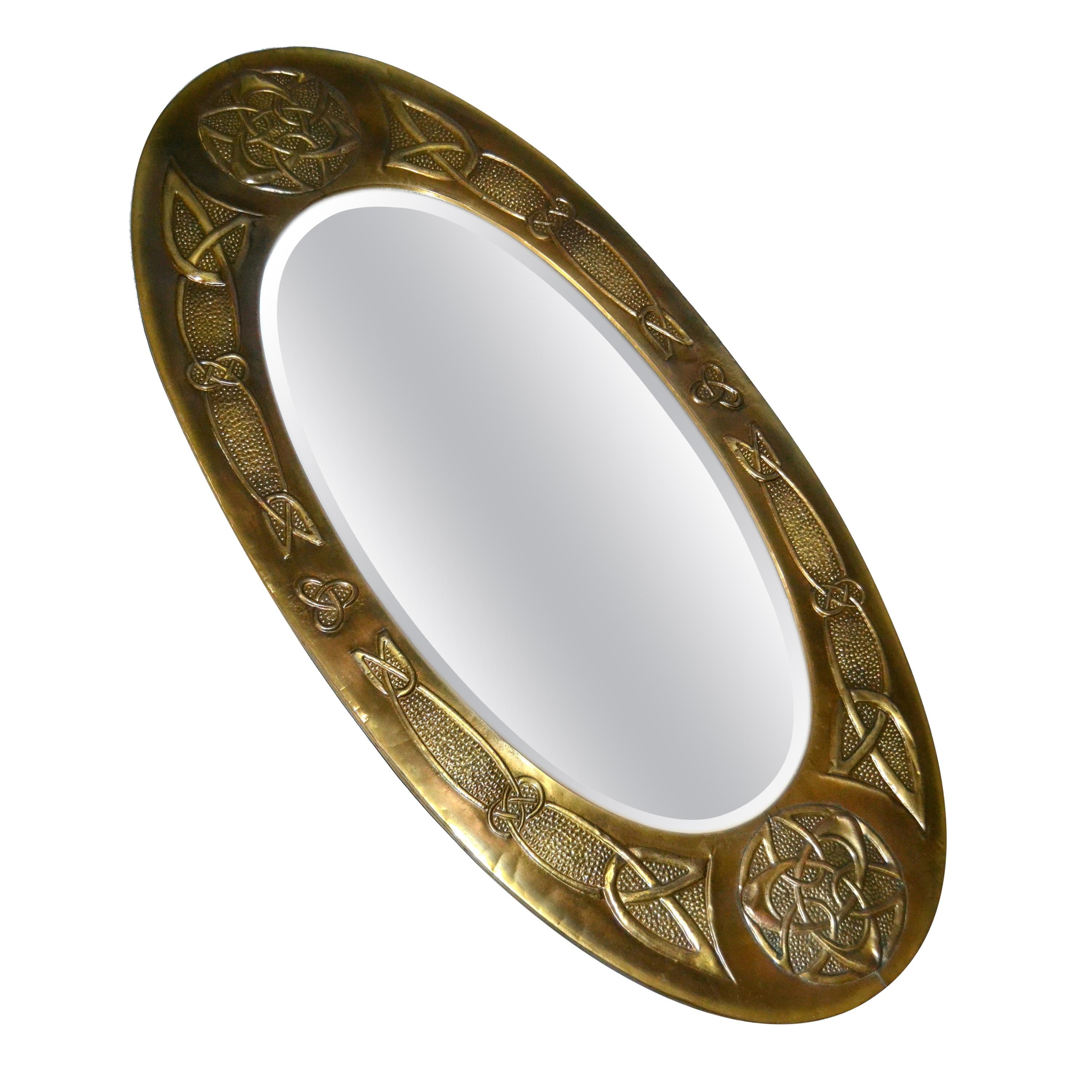Arts and Crafts Celtic Knot Design Oval Bronze Wall Mirror from United Kingdom 