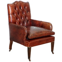Antique Rare Victorian Small Lounge Library Reading Chesterfield Brown Leather Armchair