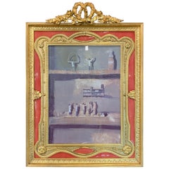 Wonderful French Gilt Bronze Salmon Pink Enamel Bow Top Picture Frame