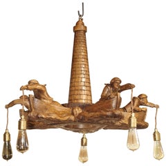 Charming and Unusual Oak 'Lost Fishermen' Chandelier from St. Malo, Brittany