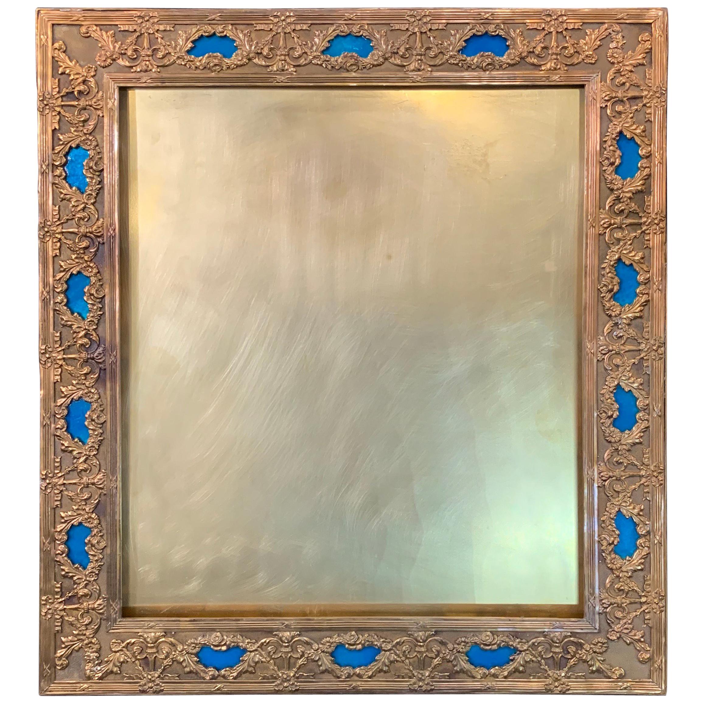 Wonderful French Large Blue Enamel Bronze Bow Swag Picture Frame For Sale