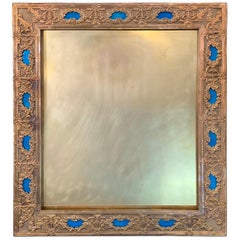 Maravilloso marco de fotos francés grande con lazo de bronce y esmalte azul