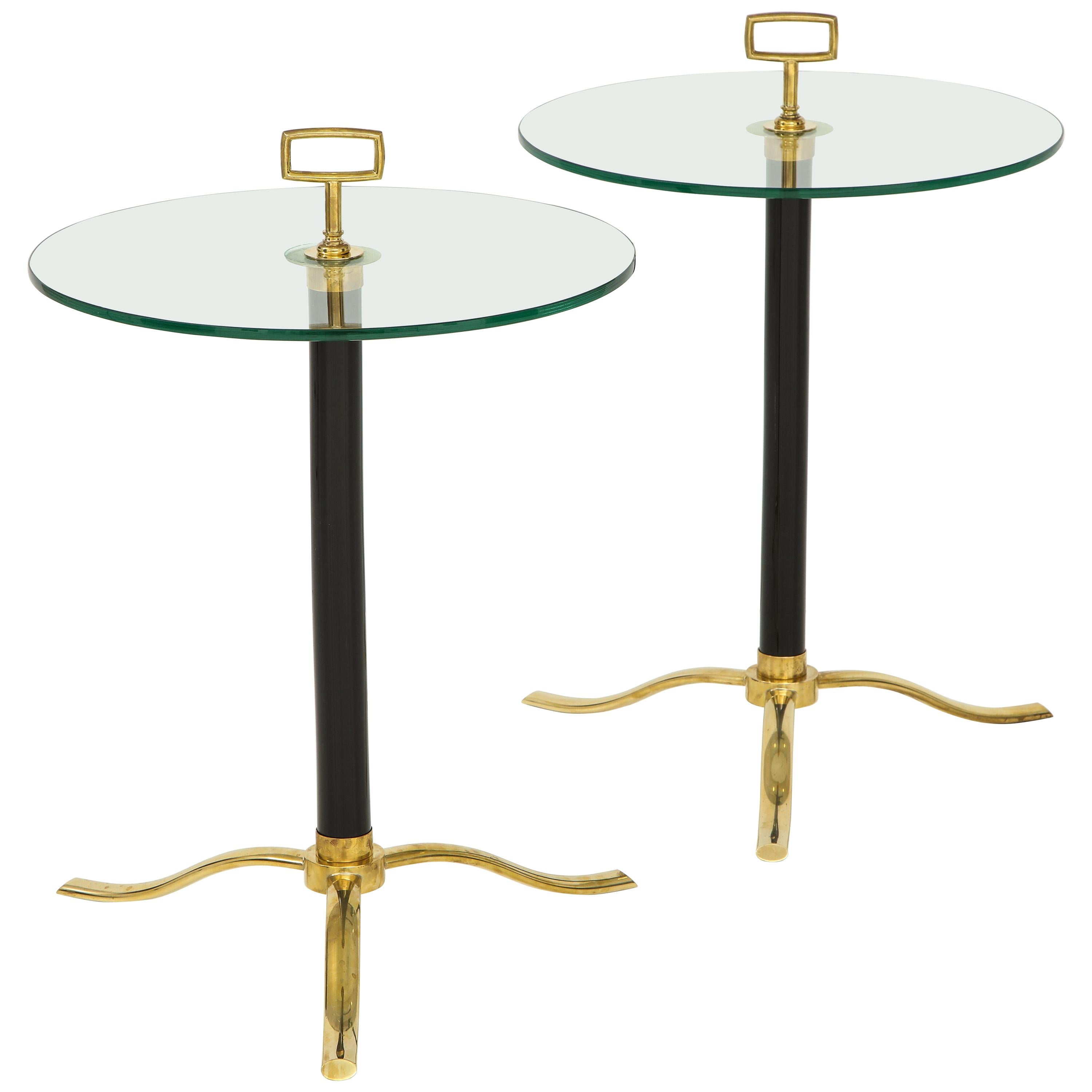 Pair of Black Tripod Side or End Tables in Murano Glass and Brass