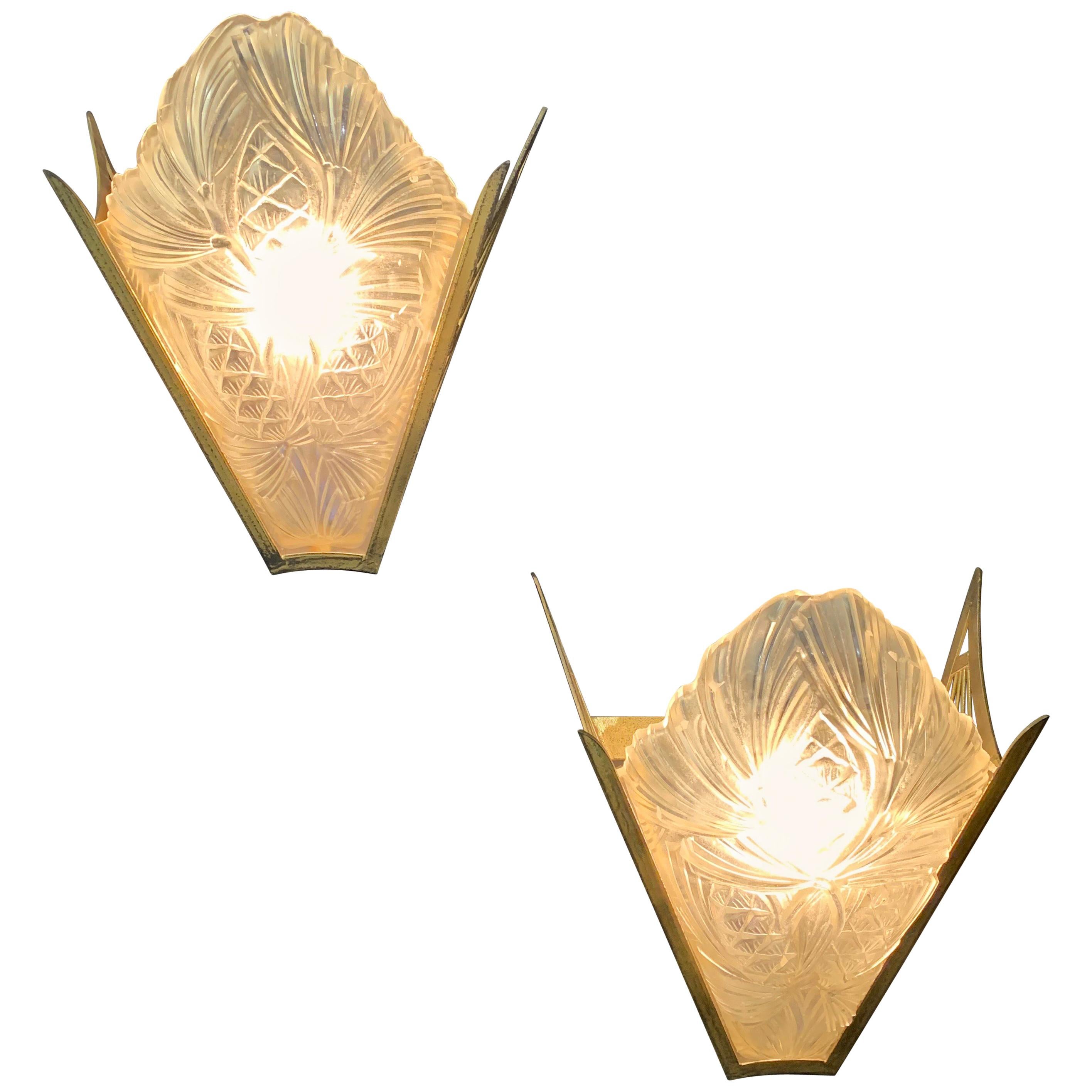 Wonderful Pair of French Art Deco Slip Shade Glass Degue Wall Sconces