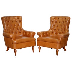 Matching Pair of Tan Brown Leather Chesterfield Buttoned Comfortable Armchairs