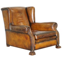 Antique Victorian 1860 Sprung Lounge Wingback Brown Leather Armchair Lion Hairy Paw Feet