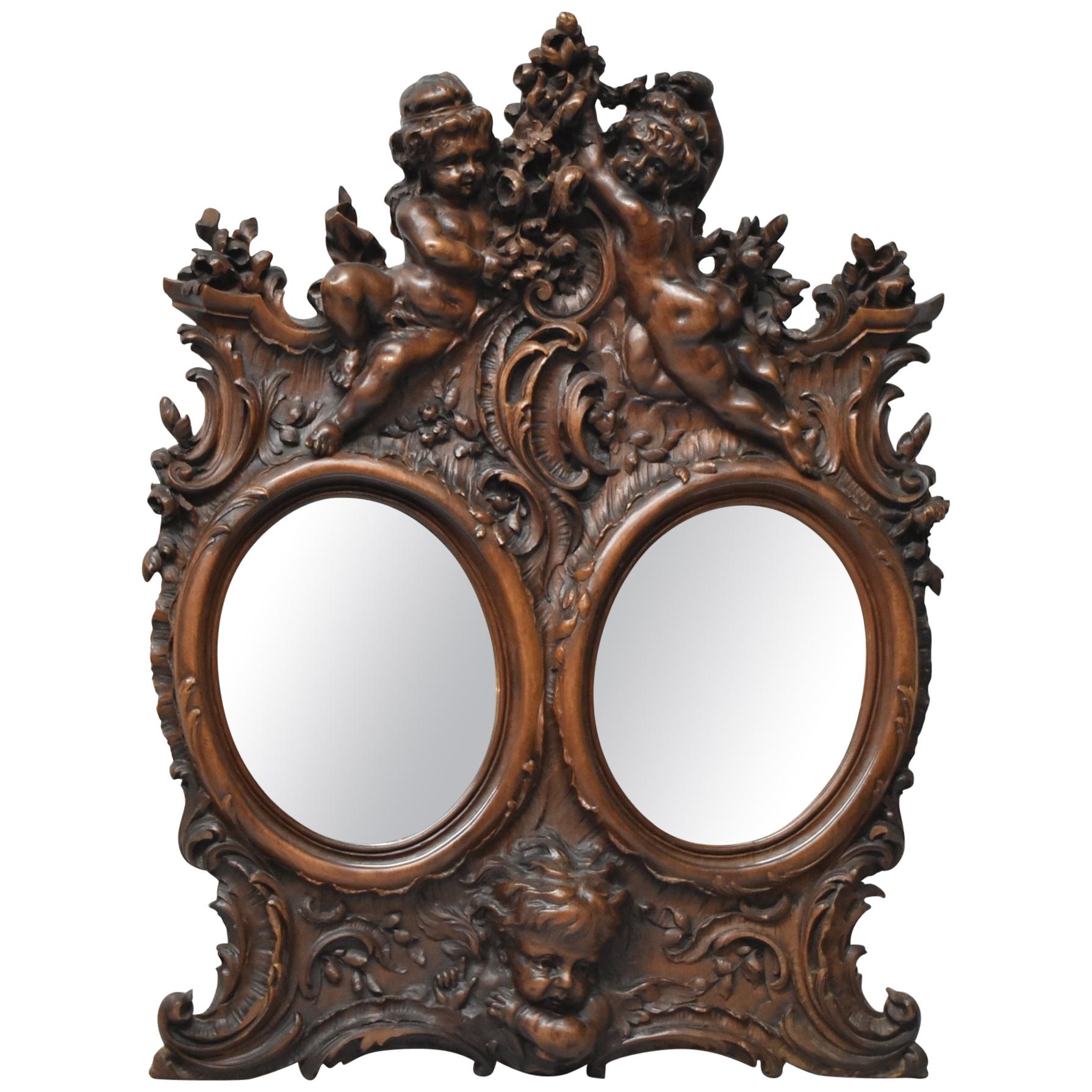 Baroque Style Carved Walnut Double Oval Mirror Picture Frame with Cherubs