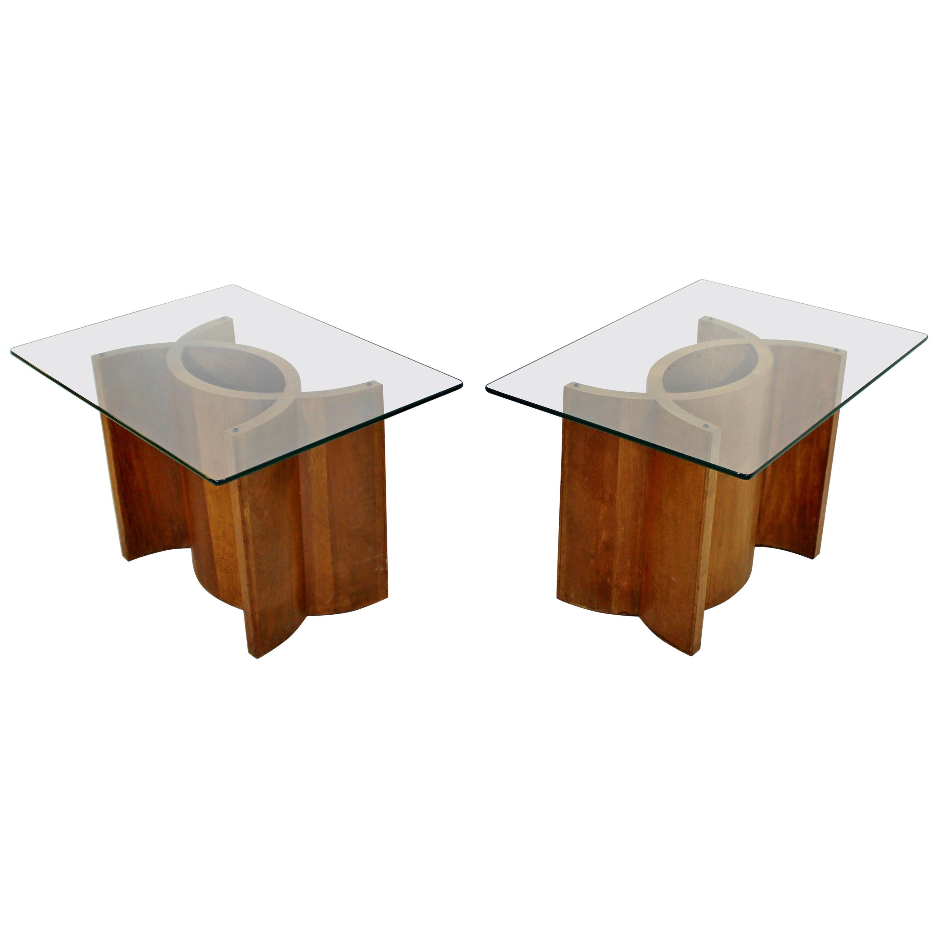 Mid-Century Modern Pair Sculptural Wood Glass Side End Tables
