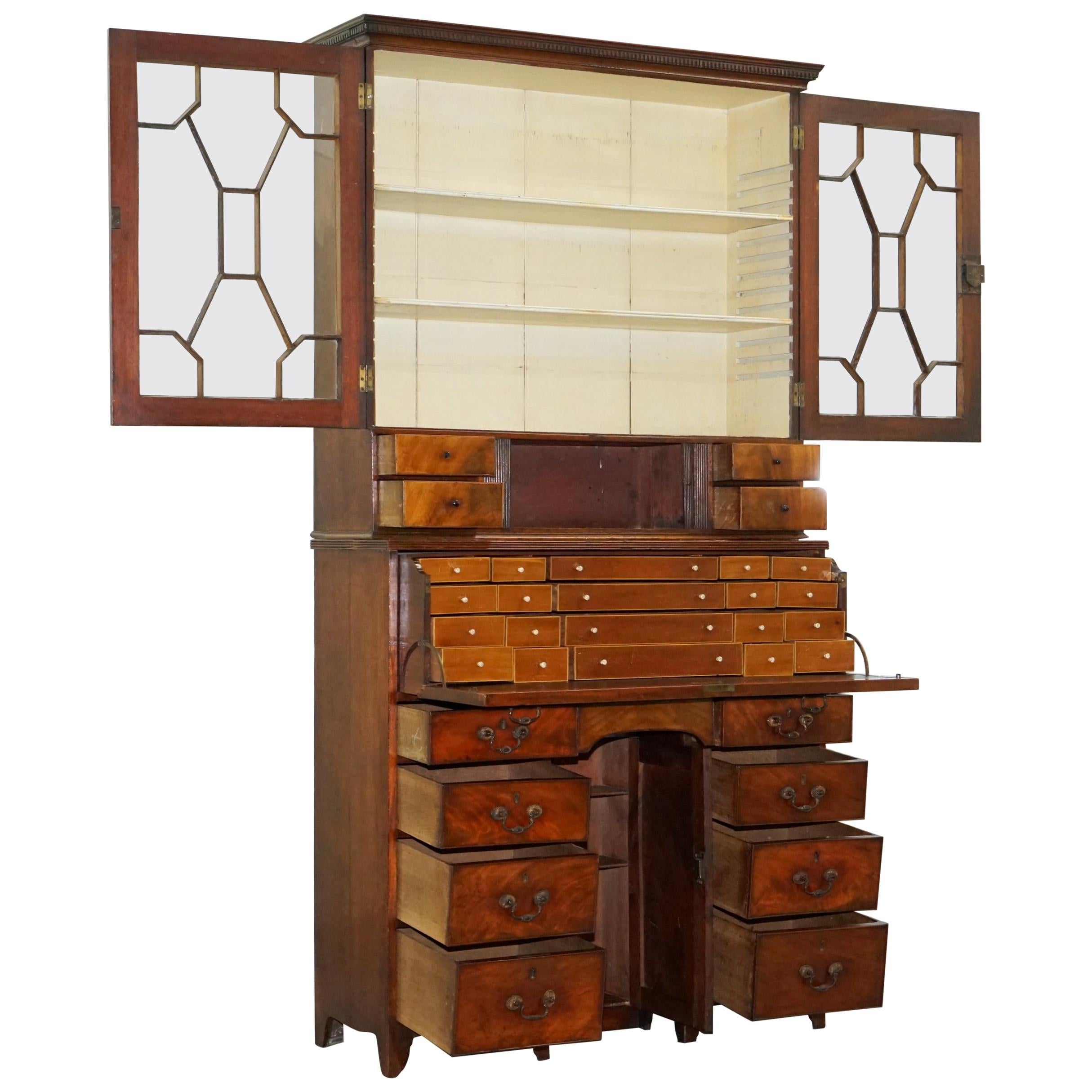 Rare 33 Drawer circa 1780 George III Mahogany Secretaire Bookcase Desk Bureau