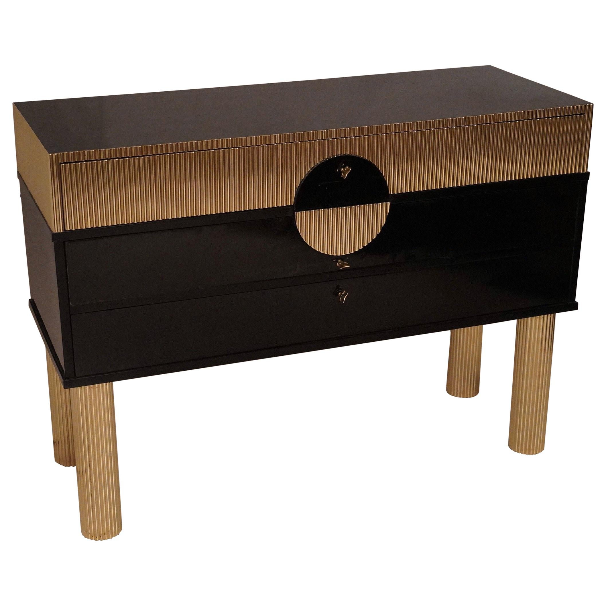 Midcentury Black Shellac and Semi Round Brass Rods Commodes, 1970