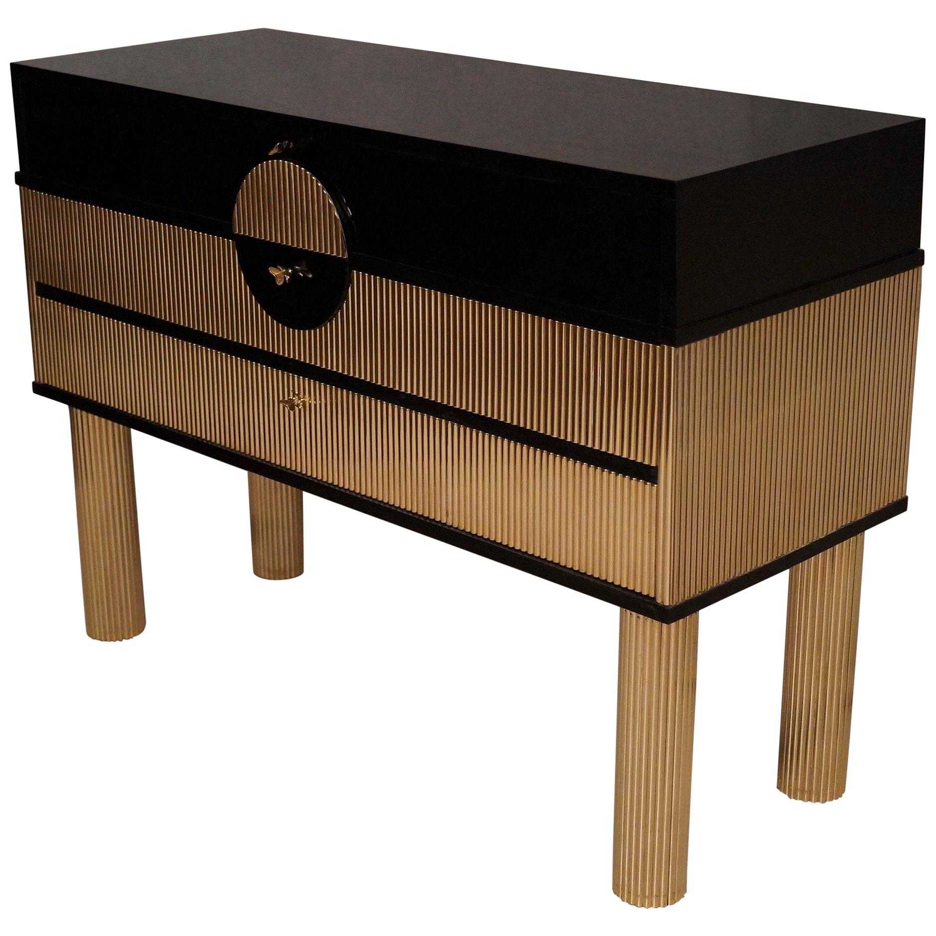 Midcentury Black Shellac and Semi Round Brass Rods Chests of Drawers, 1970