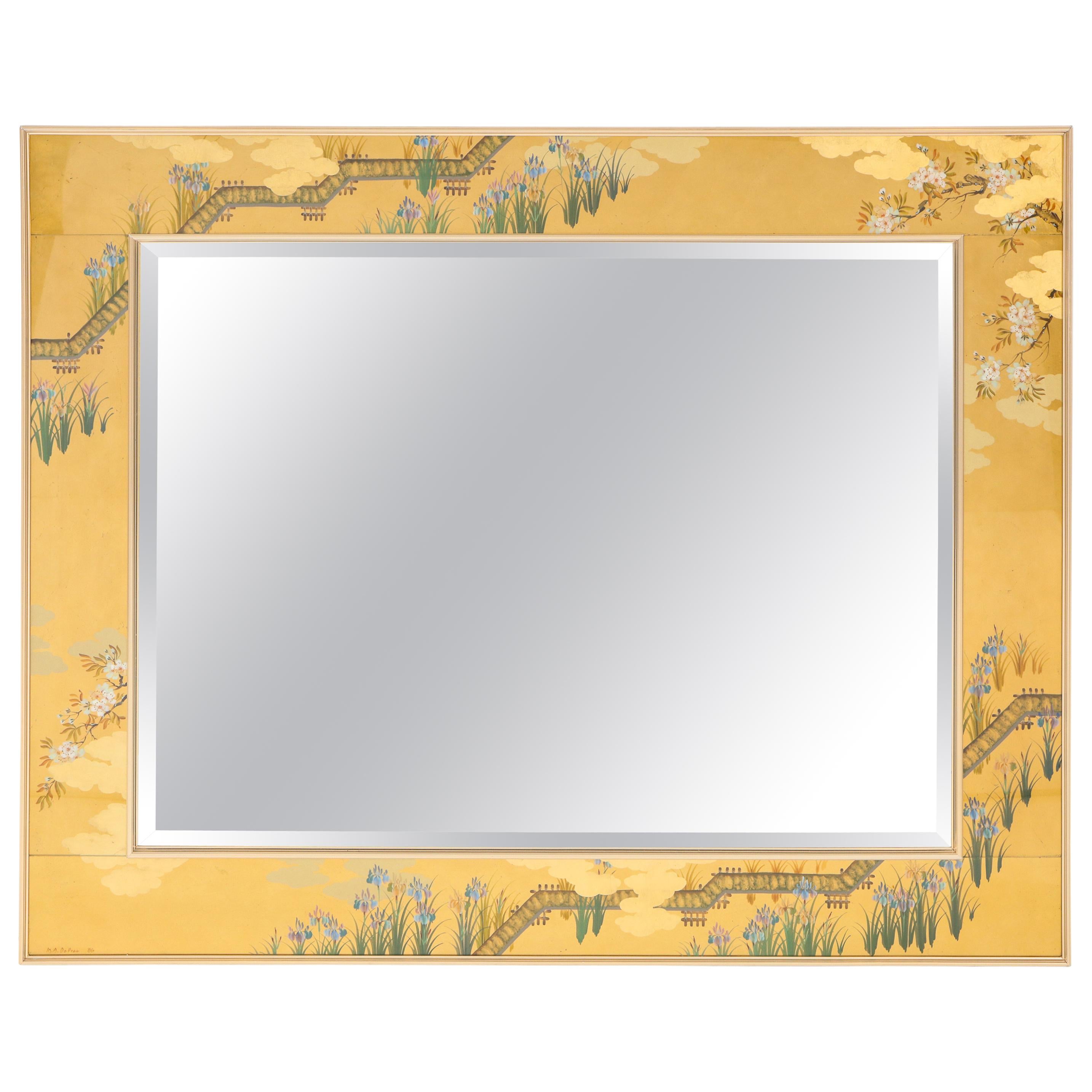 Large Églomisé Gold Bevelled Mirror with Asian Design by La Barge
