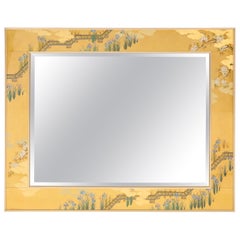 Large Églomisé Gold Bevelled Mirror with Asian Design by La Barge