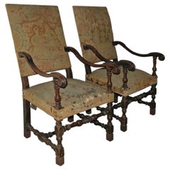 Antique Pair of French 17th Century Louis XIV Walnut Armchairs