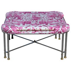 Vintage Custom Modern Pink and White Animalia Chrome and Brass French Bench or Ottoman