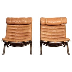 Pair of Arne Norell Tan Leather Ari Chairs, Norell Mobler, Sweden, 1970s